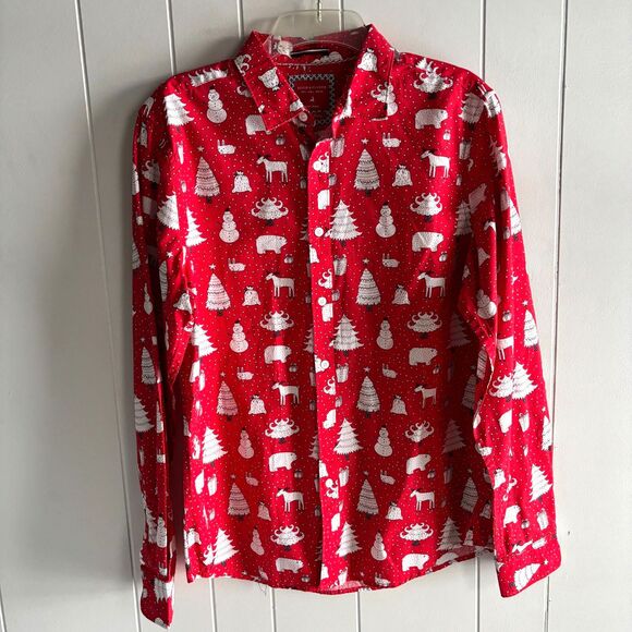 Denim & Flower Ricky Singh Men's Size L Red Festive Holiday Button-Up Shirt # D - Picture 2 of 8